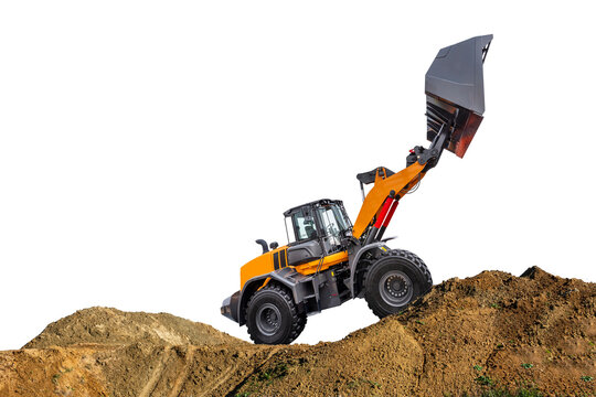Bagger auf einer Baustelle isoliert als Freisteller &uuml;ber transparentem Hintergrund