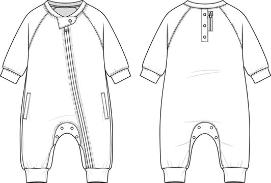 Baby romper technical flat sketch, front view, back view, diagonal zipper closure, snap buttons, side pockets, long sleeves, cuffed legs, garment construction, apparel design, vector illustration