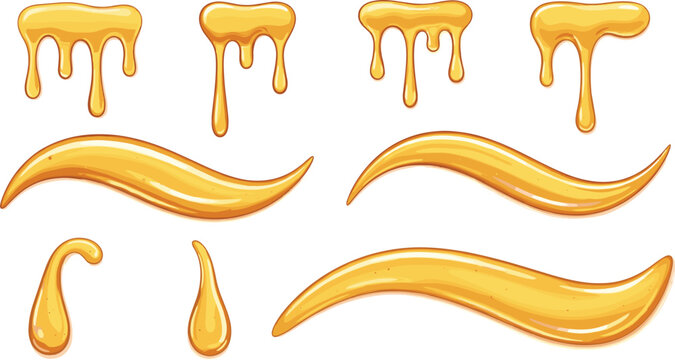 Golden honey drip and liquid swirl set sweet maple syrup drops for food packaging design glossy amber sauce vector illustration.