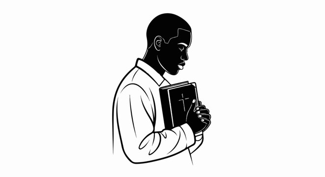 Black and white illustration of a man holding a holy book