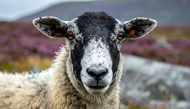 Portrait of a hardy Herdwick sheep in a blooming heather moorland in the UK Lake District