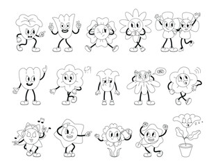 Obraz premium Funny groovy floral characters different emotions. Coloring flowers elements, blooming character different poses. Chamomile daisy tulip, retro style vector mascots