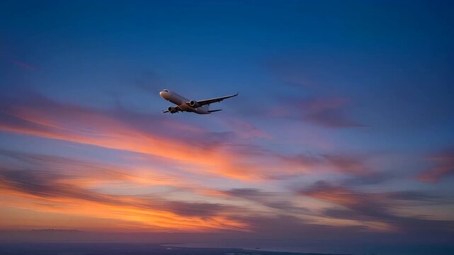 Commercial aircraft flying across the beautiful sunset sky with colorful clouds, side view of jet plane in mid air during twilight, aviation business and transportation concept background