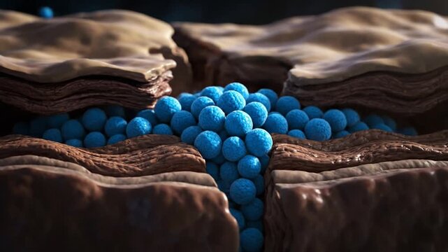 Close-up view of chocolate surface with blue spheres filling the cracks between the rough brown layers
