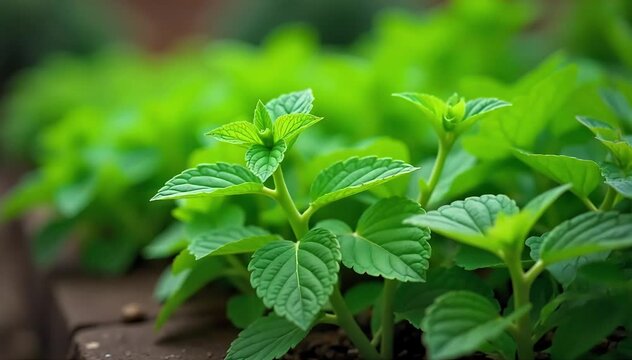 A backyard herb garden with lush mint growth and healthy serrated leaves 