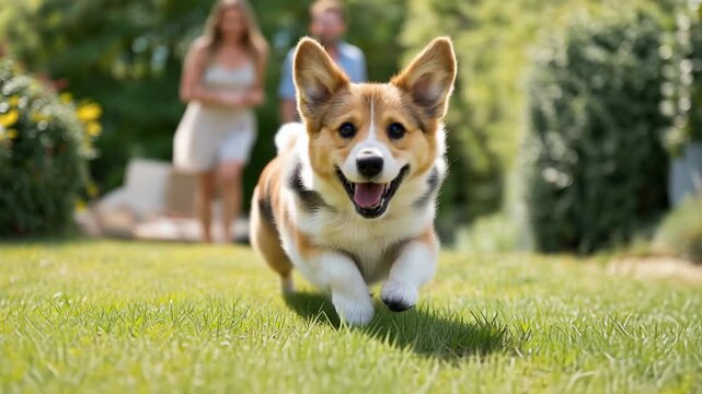 Happy corgi running toward camera on sunny garden lawn with family blurred in background