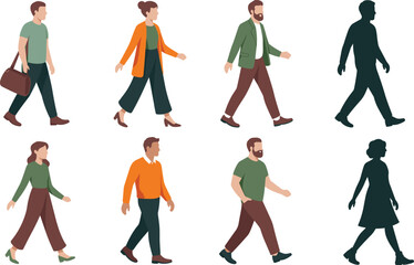 Fototapeta premium Set of walking people characters in different outfits, male and female pedestrian silhouettes and colorful flat cartoon illustration isolated on white background.