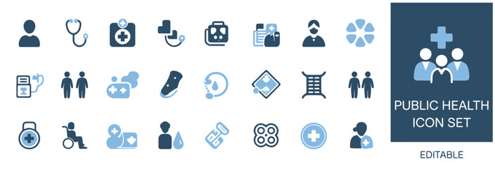 Obraz premium healthcare and public health icon set, vector symbols for community care, hospital services, family health, protection, and medical support for digital and print use.