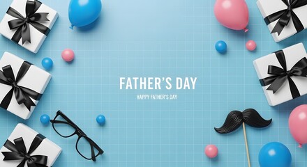 Father's day celebration with gifts and balloons on blue background