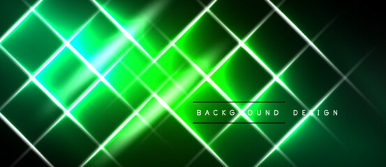 Bright neon grid pattern. Vivid green lines intersect over black background. Modern abstract design element.