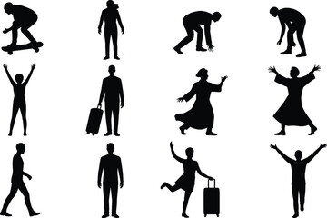 Fototapeta premium Silhouettes of people in diverse poses and activities, symbolizing lifestyle, movement, travel, dance, and everyday actions
