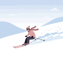 Winter Athlete Descending Snowy Mountain Slope With Ski Poles