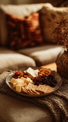 Fototapeta premium Cheese platter with crackers, dried apricots, cranberries and grapes on wooden tray by candlelight. Cozy winter evening snack perfect for Christmas, New Year and holiday gatherings.