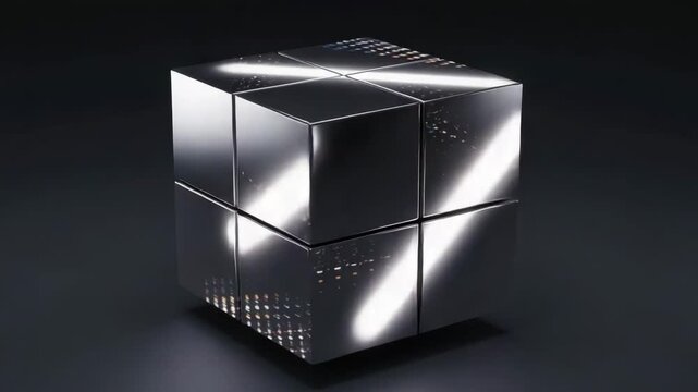 Modern metallic cube sculpture with reflective surfaces on black background  