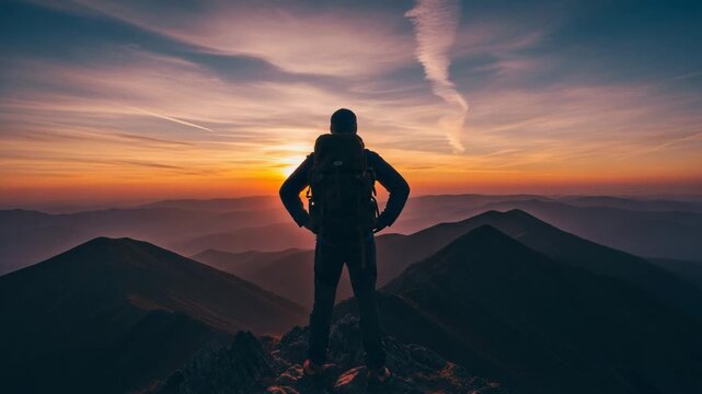 Man standing on mountain peak watching sunset with panoramic view  