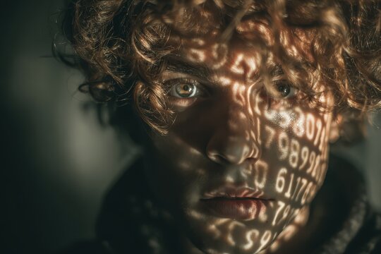 Futuristic Portrait with Digital Numbers Projected on Face