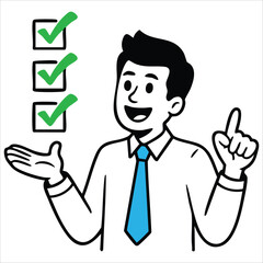 Fototapeta premium Monochrome Cartoon Businessman Pointing and Explaining with Check Boxes Vector