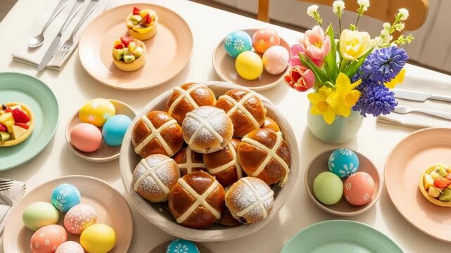 Easter brunch table with decorated eggs and hot cross buns  