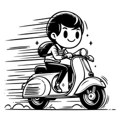 Cartoon drawing of cheerful boy with backpack riding vintage scooter surrounded by stars and speed lines