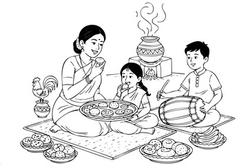 Line art of South Indian family enjoying Pongal feast with mother and children sharing festive sweets and drum