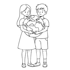 Simple line art of boy and girl standing together holding large Earth globe full body view