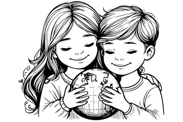 Detailed black and white drawing of two children tenderly holding Earth globe in closeup view