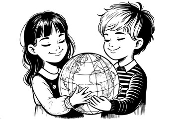 Detailed illustration of diverse children holding Earth with Asian girl and boy in striped shirt