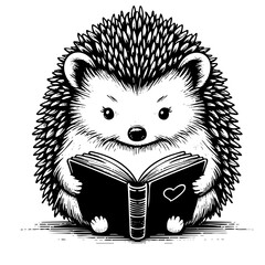 Detailed engraving of cute hedgehog holding open book with heart symbol on cover in black and white style