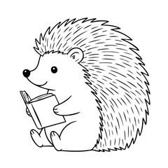 Minimalist line drawing of hedgehog in profile reading book suitable for coloring page
