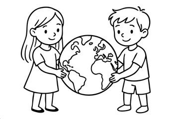 Simple line art of boy and girl holding planet Earth together for environmental education