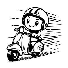 Cartoon illustration of smiling character with striped helmet riding vintage scooter with motion speed lines