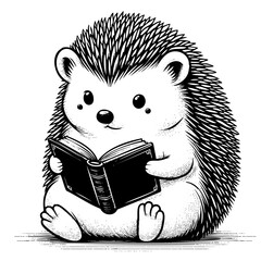 Adorable hedgehog character sitting upright holding book in friendly cartoon engraving style