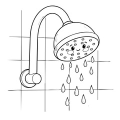 Adorable cartoon shower head with smiling face and water drops on tile wall background