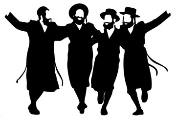 Black silhouette of four Orthodox Jewish men dancing together with raised arms in traditional clothing
