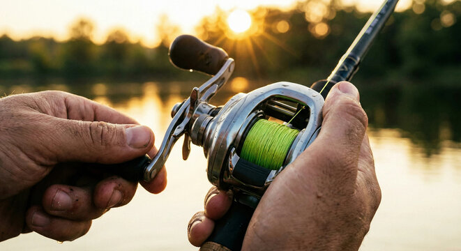 Fisherman hands holding a baitcasting reel at sunset