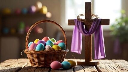 Easter basket brimming with colorful eggs and a wooden cross, illuminated by soft sunlight. A captivating display of faith and renewal, perfect for evoking a sense of reverence and celebration.