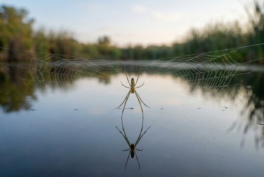 Long-jawed orb weaver suspended over calm water with symmetrical reflection