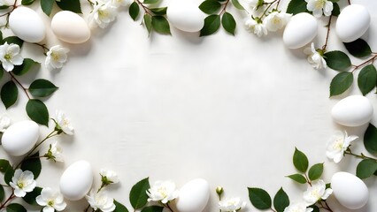 A beautiful Easter arrangement of delicate white eggs surrounded by fresh green leaves and blooming jasmine, creating a festive frame for the celebration.