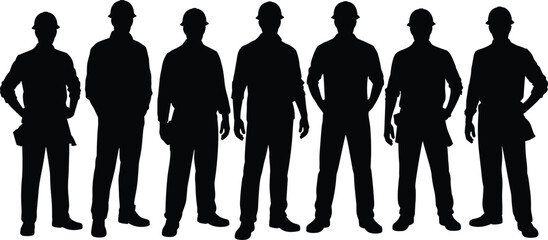 Construction workers silhouette vector set, industrial labor team in safety helmets, black white engineer builder characters