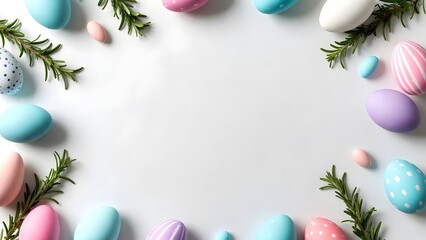 A pastel-colored egg collection that is artfully arranged with sprigs of greenery, offering a visually appealing and thematic layout with an emphasis on springtime aesthetics.