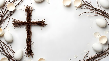 A symbolic display for Easter. This composition features a handcrafted cross made of twigs, nestled amongst pristine white eggs, broken eggshells and delicate branches.