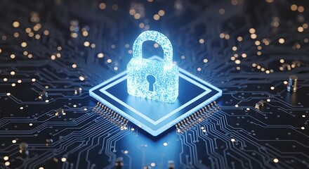 Cyber Security Padlock on Microchip Representing Data Protection Technology