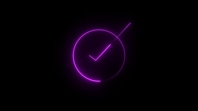 Glowing light neon pink color check mark icon animation tick success done accept complete correct confirm finishing checkbox sign symbol on black background .