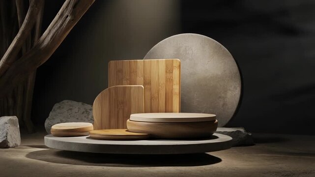 Product-style cinematic shot of bioplastic and bamboo objects arranged on a matte surface with soft, elegant lighting.