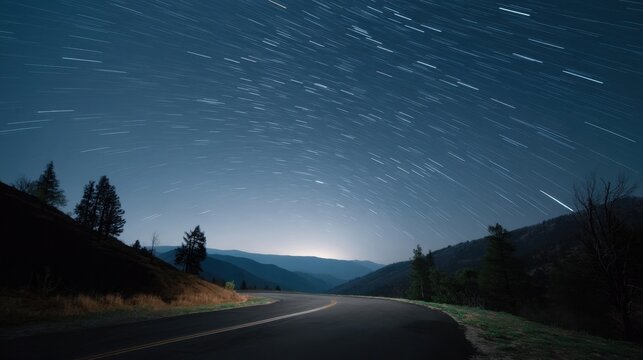 Long Exposure Night Sky with Star Trails Over Serene Mountain Road Landscape