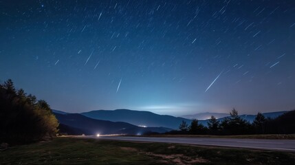 Enchanting Starry Sky with Shooting Stars over Majestic Mountain Landscape at Night