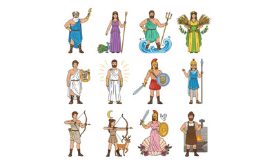 Fototapeta premium Greek Mythology Olympian Gods and Heroes Cartoon Vector Set Icons