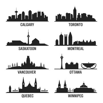 Silhouettes of canadian cities calgary toronto saskatoon montreal vancouver ottawa quebec winnipeg