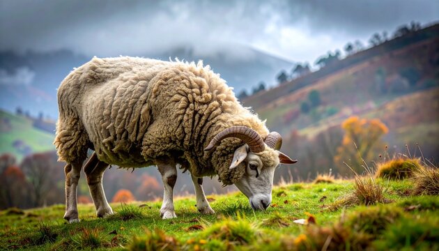 Hardy Herdwick ram grazing on a grassy hillside with dramatic misty mountains in the background