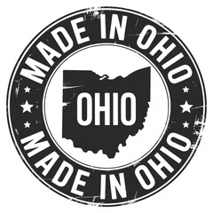 Circular stamp design featuring made in ohio text and the state s silhouette in black and white
